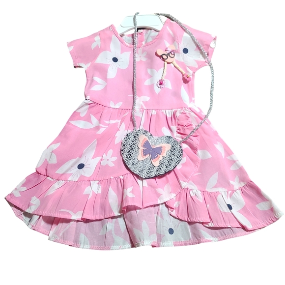 Toddler Girls Pink/White Floral Dress With Matching Bag & Polka-dot Yellow Dress - Picture 2 of 14